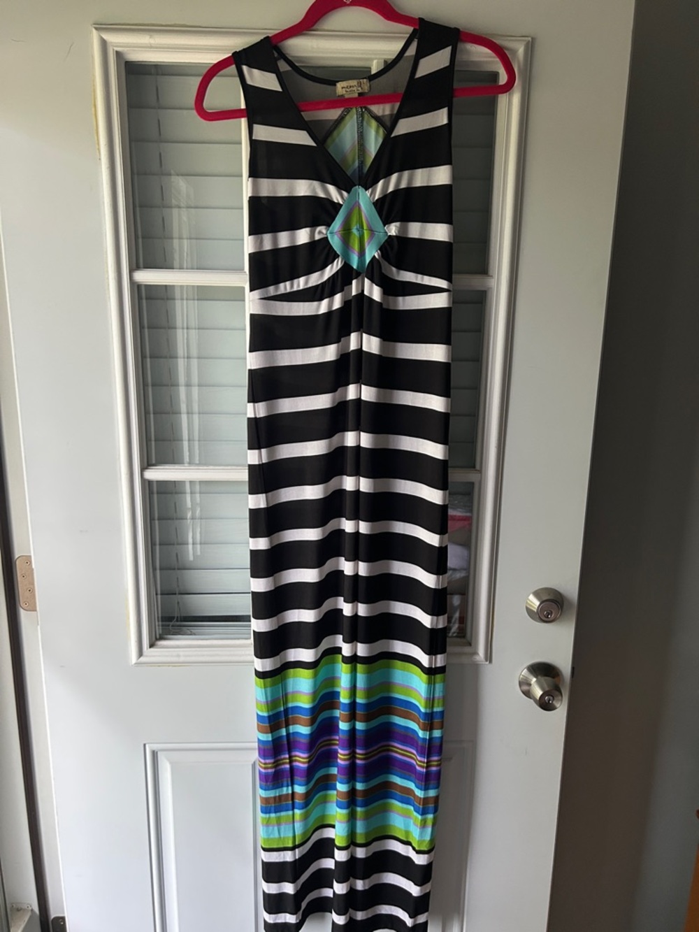 ONE WORLD Black & White Striped Maxi Dress with Multicolor Hem